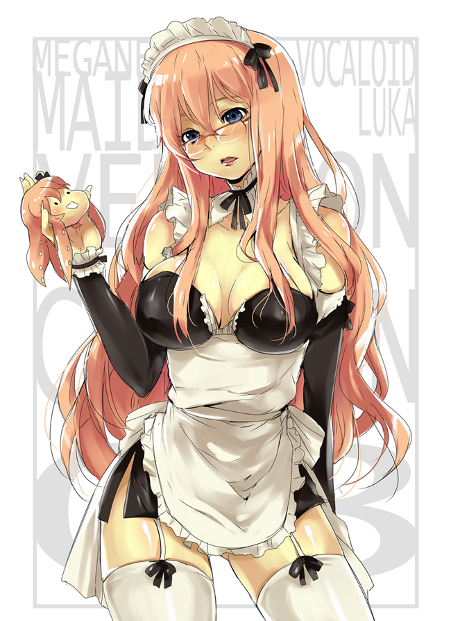 kl (dgzonbi), megurine luka, takoluka, vocaloid, 1girl, :d, alternate costume, apron, bare shoulders, bespectacled, blue eyes, blush, bow legwear, breasts, cleavage, detached sleeves, enmaided, female focus, fingernails, frills, garter straps, glasses, large breasts, lipstick, long hair, maid, maid apron, maid headdress, makeup, neck ribbon, open mouth, pink hair, ribbon, side slit, smile, solo, thighhighs, white thighhighs, zettai ryouiki