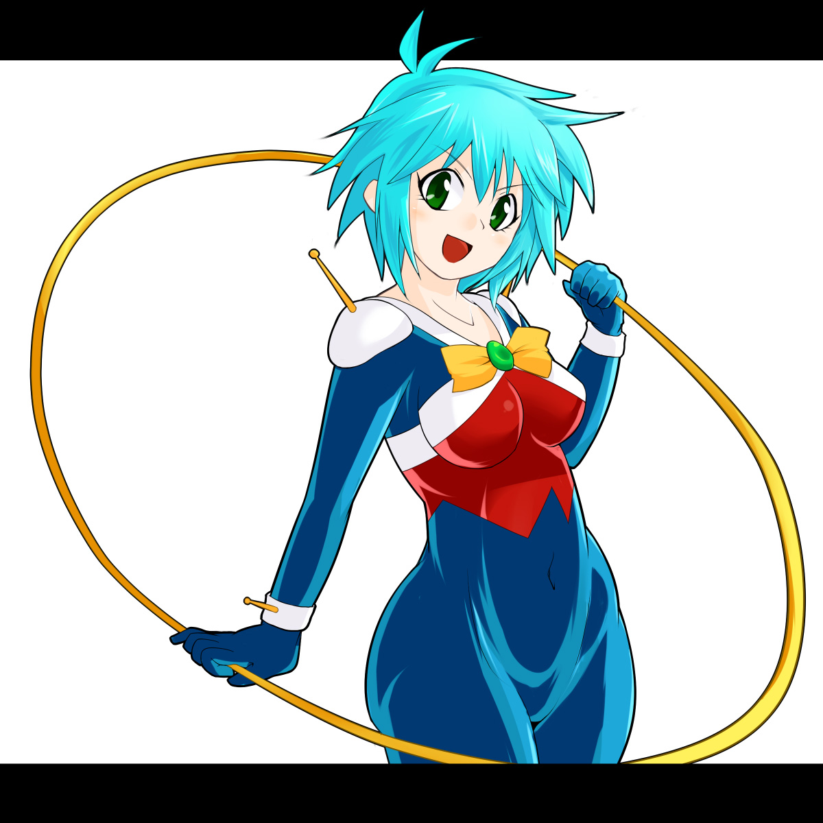 vallerg, allenby beardsley, g gundam, gundam, hoop, highres, 1990s (style), 1girl, blue bodysuit, blue hair, bodysuit, bow, breasts, female focus, hula hoop, letterboxed, mecha pilot suit, medium breasts, mobile trace suit, retro artstyle, short hair, solo, yellow bow