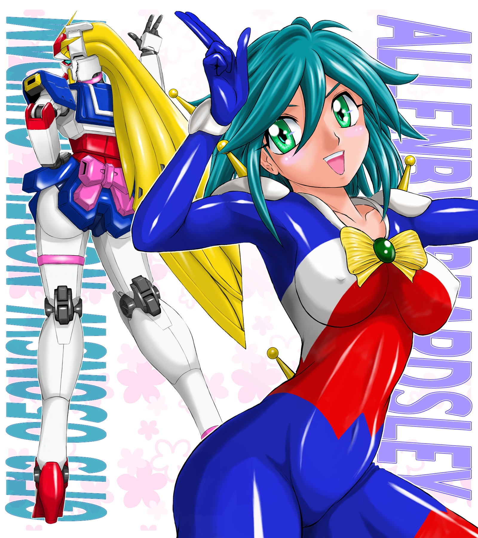 wolfpack, allenby beardsley, nobel gundam, g gundam, gundam, highres, 1990s (style), 1girl, ass, blue bodysuit, blue hair, bodysuit, bow, breasts, covered erect nipples, female focus, green eyes, large breasts, mecha, mecha pilot suit, mobile trace suit, retro artstyle, robot, solo, yellow bow