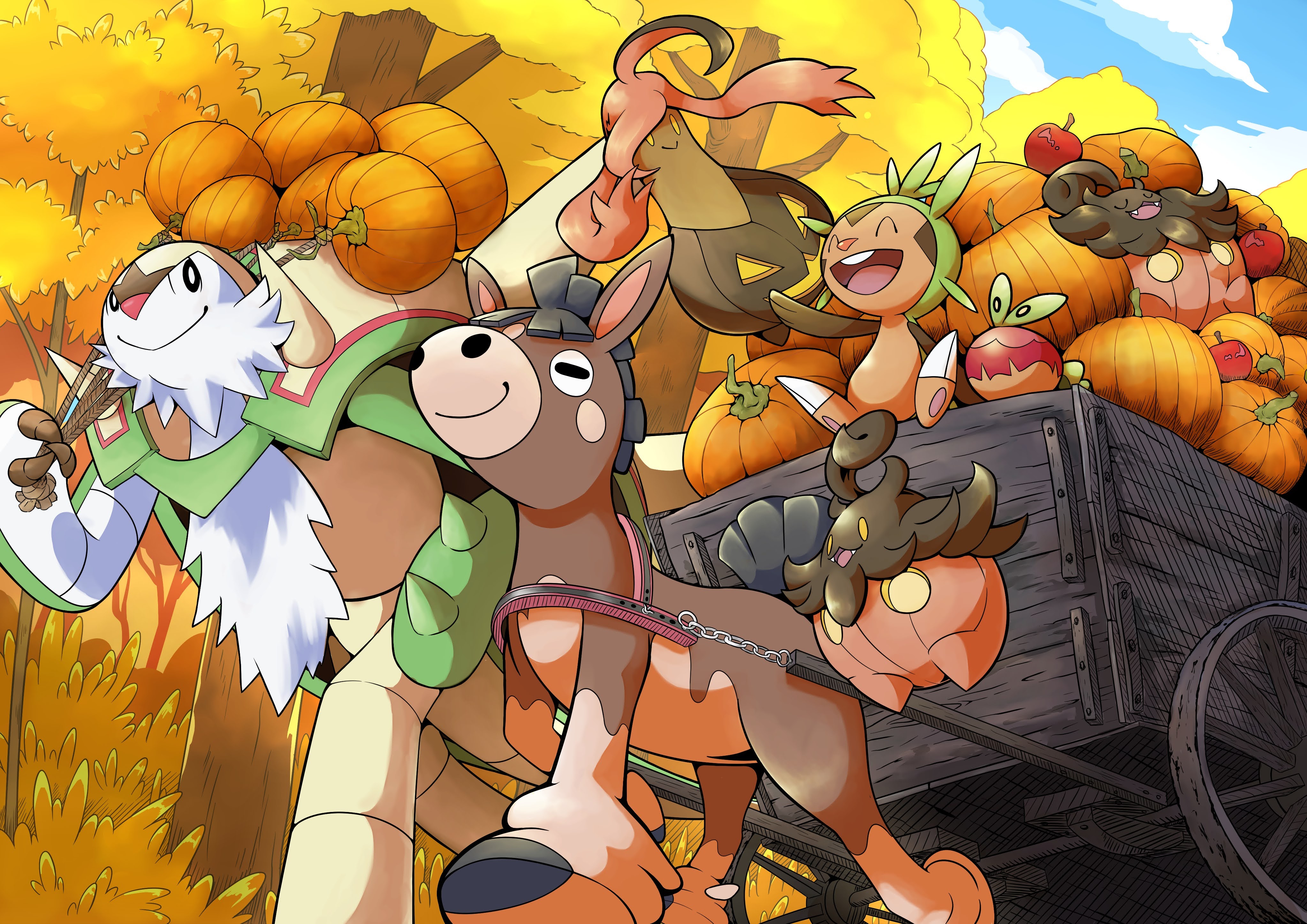 q-chan, applin, chesnaught, chespin, gourgeist, mudbray, pumpkaboo, nintendo, pokemon, absurdres, commentary request, highres, blue sky, carriage, closed mouth, cloud, gen 6 pokemon, gen 7 pokemon, gen 8 pokemon, ginkgo tree, looking at another, open mouth, outdoors, pokemon (creature), pumpkin, rope, sky, sleeping, smile, tree