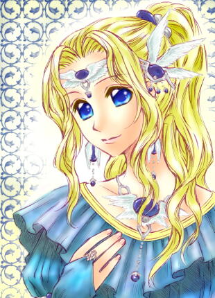 rosa farrell, final fantasy, final fantasy iv, lowres, 1990s (style), blonde hair, blue eyes, circlet, earrings, gloves, hair ornament, jewelry, long hair, necklace, smile, wavy hair