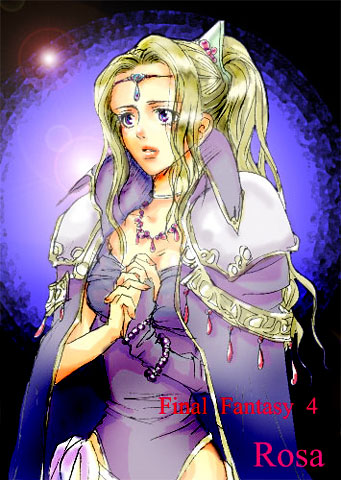 rosa farrell, final fantasy, final fantasy iv, lowres, 1990s (style), blonde hair, bracelet, cape, choker, circlet, earrings, elbow gloves, gloves, jewelry, leotard, long hair, necklace, ponytail, praying, purple eyes, shoulder pads
