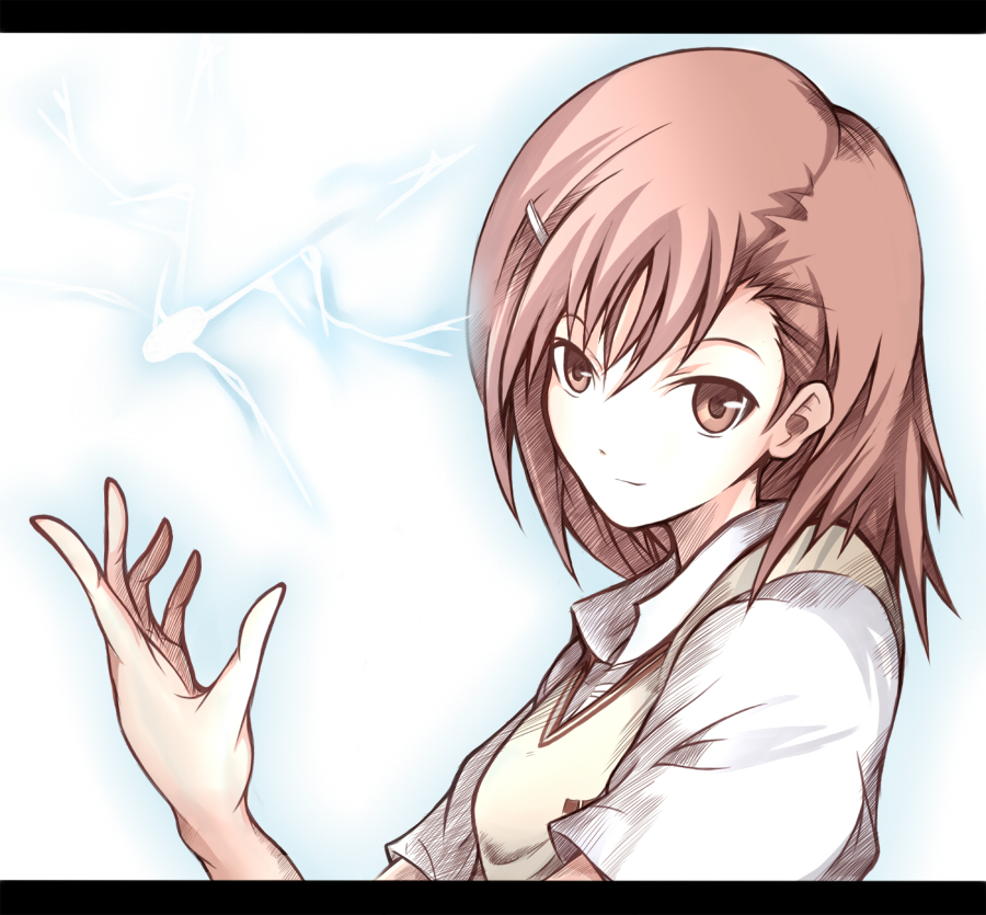 kanten328, kanten (kanten328), misaka mikoto, toaru kagaku no railgun, toaru majutsu no index, bad id, bad pixiv id, 00s, 1girl, brown eyes, brown hair, electricity, electrokinesis, female focus, hair ornament, hairclip, letterboxed, school uniform, short hair, solo, sweater vest