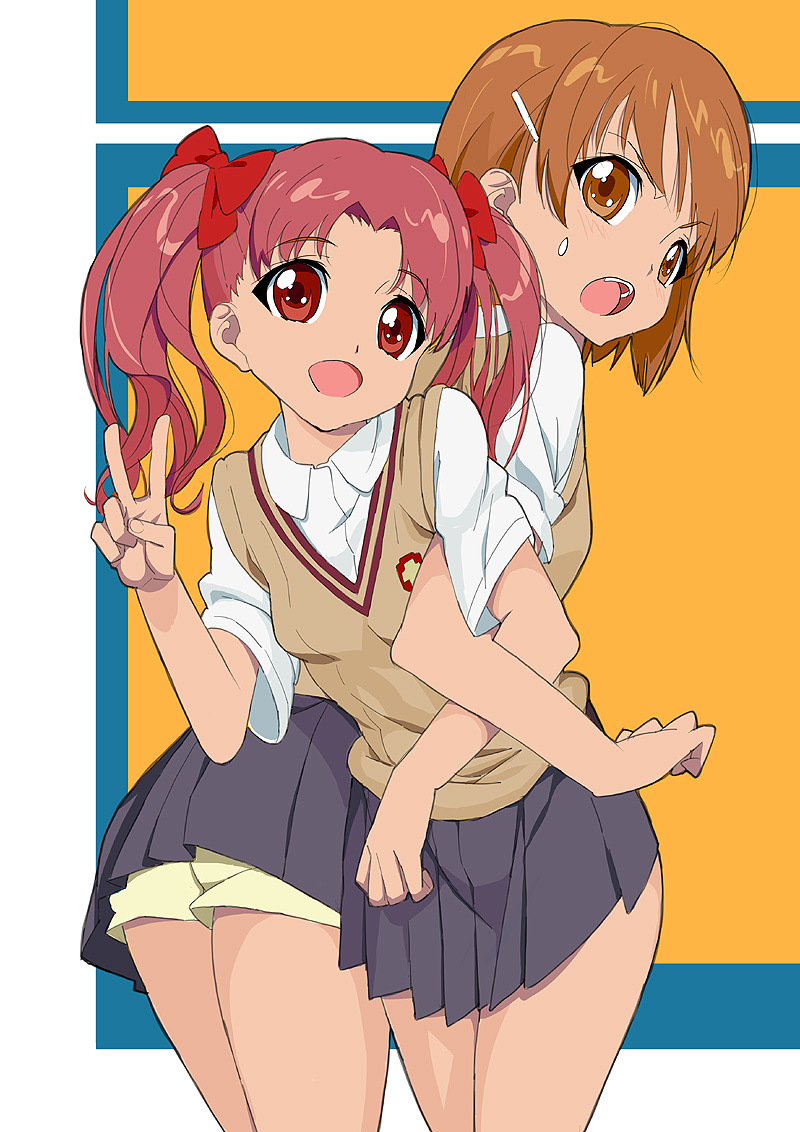 kawasaki kazuhiko, misaka mikoto, shirai kuroko, toaru kagaku no railgun, toaru majutsu no index, 00s, 2girls, back-to-back, blush, bow, brown eyes, brown hair, embarrassed, female focus, hair bow, hair ornament, hair ribbon, hairclip, happy, hug, locked arms, long hair, looking at viewer, looking back, multiple girls, open mouth, pink hair, red eyes, ribbon, school uniform, short hair, shorts, shorts under skirt, shy, skirt, smile, sweatdrop, sweater vest, twintails, v, yuri