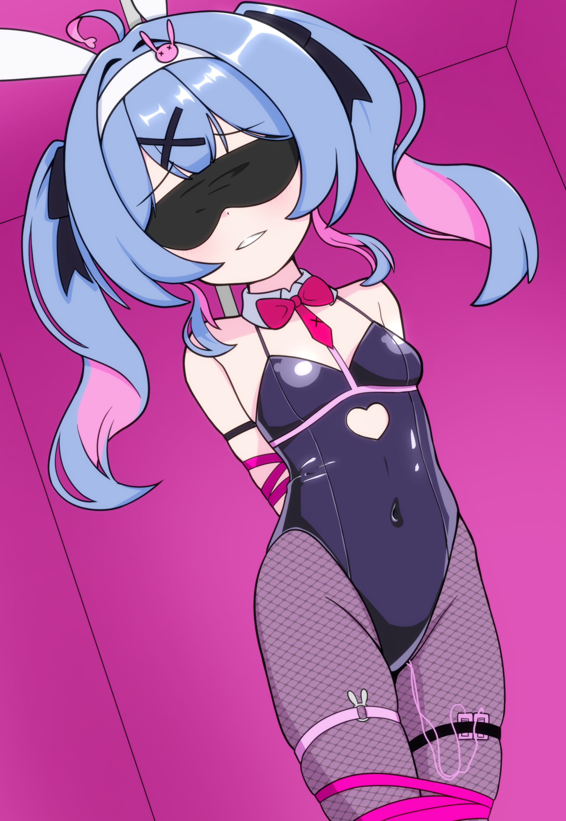 mauschan, hatsune miku, rabbit hole (vocaloid), vocaloid, absurdres, highres, self-upload, variant set, 1girl, arms behind back, bdsm, blindfold, blue eyes, blue hair, blush, bondage, bound, hair ornament, looking at viewer, playboy bunny, ribbon, short twintails, smile, solo, teeth, twintails