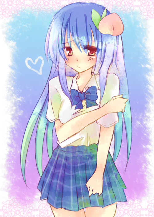 mutsu (kitakaze berry), hinanawi tenshi, touhou, bad id, bad pixiv id, 1girl, alternate costume, blue hair, blush, female focus, food, food-themed clothes, fruit, gradient hair, long hair, multicolored hair, peach, school uniform, solo
