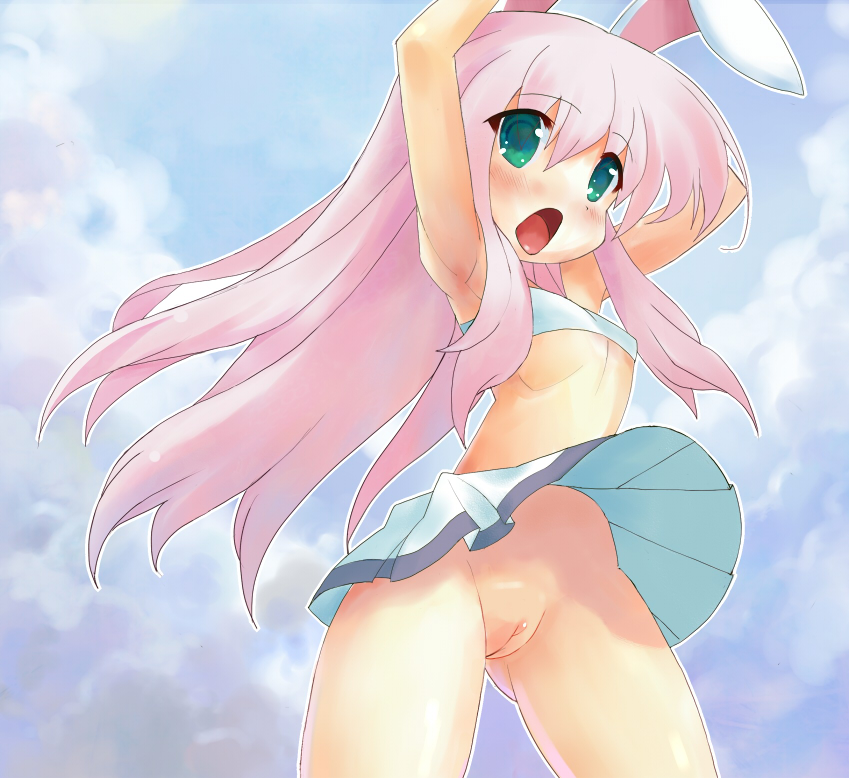 tsudero, original, bad id, bad pixiv id, 1girl, animal ears, armpits, arms up, cleft of venus, clothes lift, day, female focus, flat chest, green eyes, loli, long hair, no panties, pink hair, pussy, rabbit ears, skirt, skirt flip, skirt lift, sky, solo, uncensored, wind