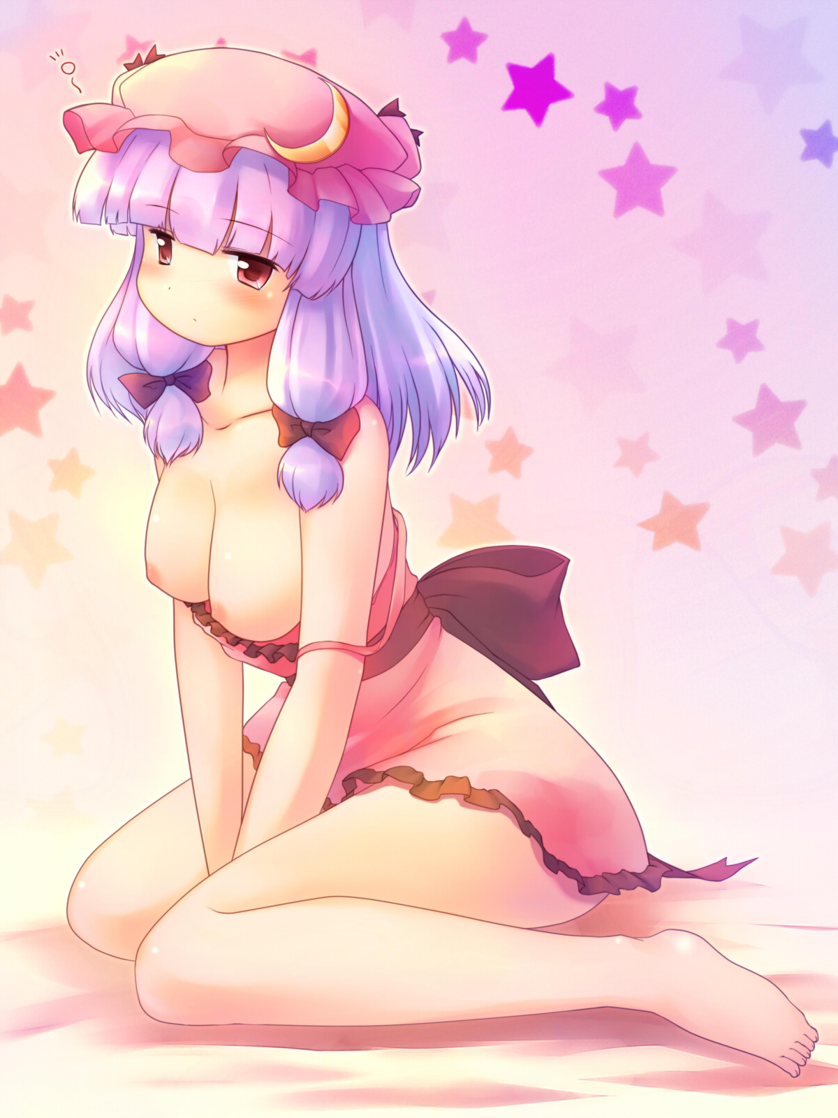 tdk, patchouli knowledge, touhou, highres, 1girl, barefoot, blush, breasts, crescent, crescent moon, female focus, hat, large breasts, moon, nipples, purple hair, solo, strap slip