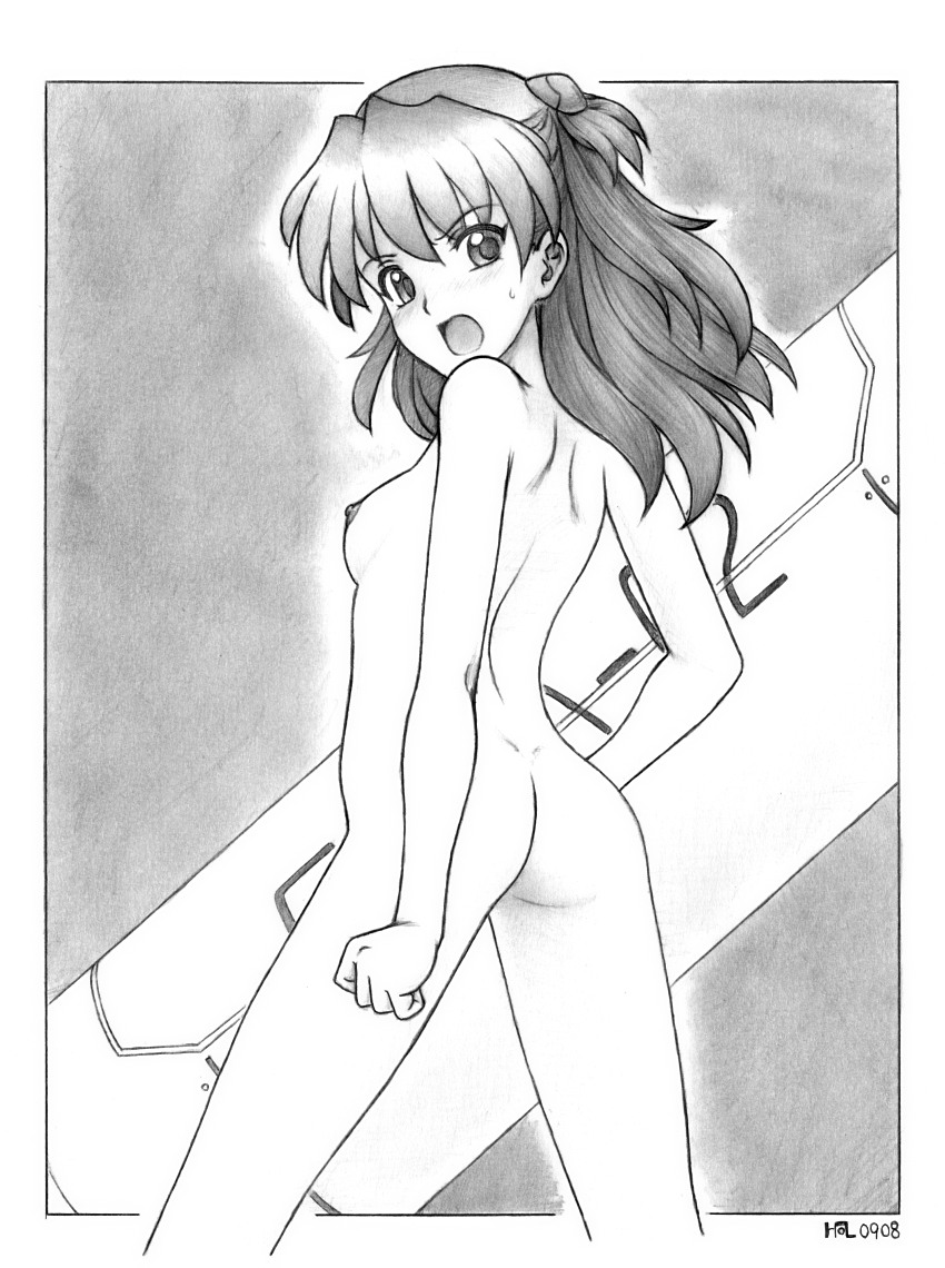 harumachi nagaaki, souryuu asuka langley, neon genesis evangelion, 1girl, ass, breasts, completely nude, female focus, greyscale, monochrome, nipples, nude, open mouth, small breasts, smile, solo, sweatdrop