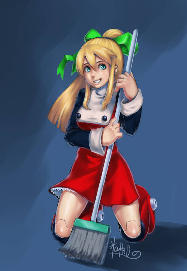 draxoh, roll (mega man), mega man (series), 1girl, blonde hair, blue background, breasts, broom, cyborg, dress, full body, green eyes, joints, kneeling, medium breasts, ponytail, smile, teeth