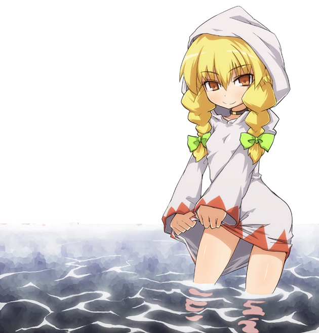 sasamashin, white mage (fft), white mage (final fantasy), final fantasy, final fantasy tactics, white mage, 1girl, blonde hair, braid, female focus, hood, smile, solo, twin braids, wading, water, yellow eyes