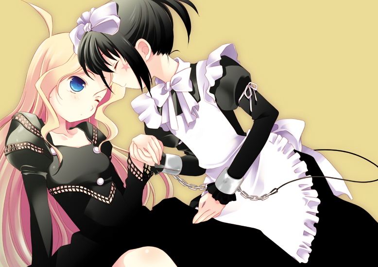 tokumi yuiko, kunihiro hajime, ryuumonbuchi touka, saki (manga), bad id, bad pixiv id, 00s, 2girls, ahoge, black hair, blonde hair, blue eyes, bow, chain, closed eyes, cuffs, dress, hair bow, holding hands, maid, multiple girls, one eye closed, wink