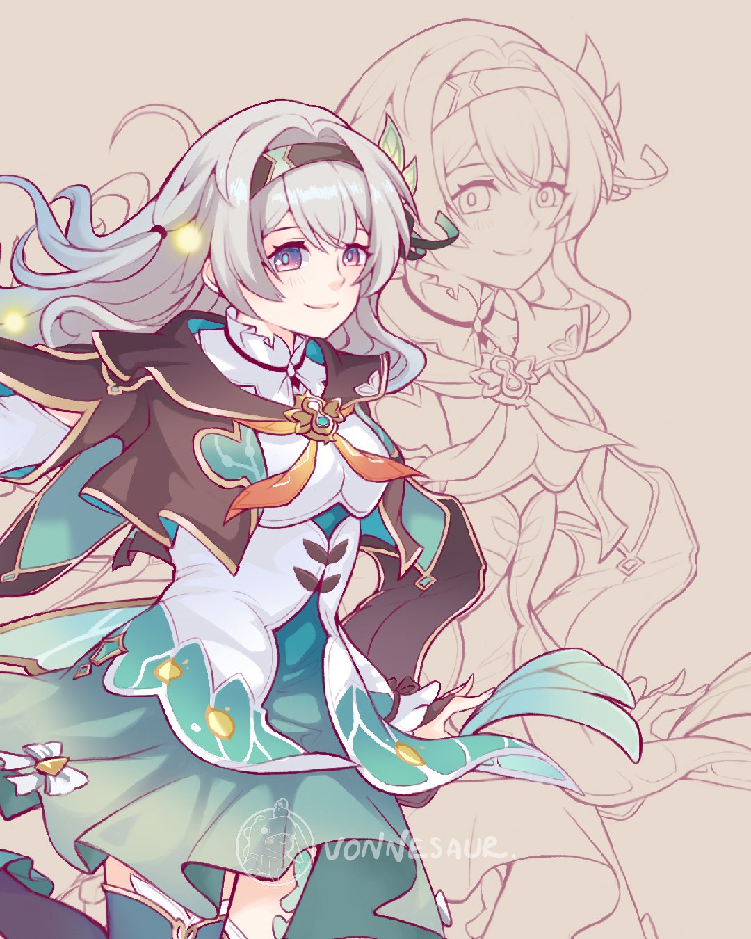 firefly (honkai: star rail), honkai: star rail, honkai (series), highres, aqua dress, aqua thighhighs, blue ribbon, blush, brown hairband, brown jacket, closed mouth, collar, collared dress, dress, gradient eyes, green pupils, grey hair, hair between eyes, hair intakes, hair ornament, hair ribbon, hairband, jacket, long hair, multicolored eyes, neckerchief, orange neckerchief, ribbon, smile, thighhighs, vonnesaur17, white collar