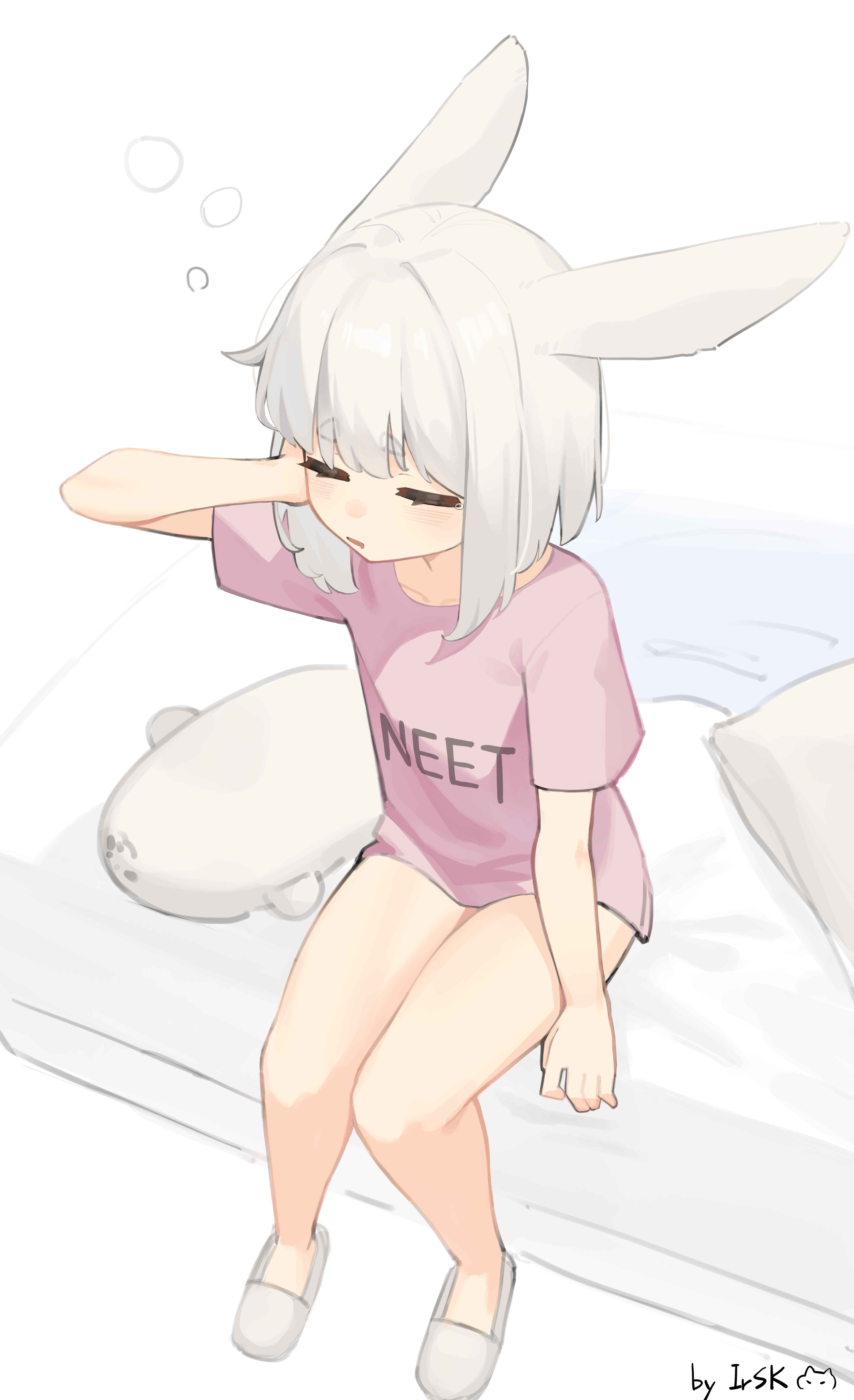 xingye jing xuan, original, absurdres, commentary request, highres, 1girl, animal ears, bed, blush, bottomless, closed eyes, clothes writing, hand in own hair, neet, pajamas, parted lips, pink shirt, rabbit ears, shirt, short hair, short sleeves, signature, sitting, sleepy, slippers, solo, squeans, stuffed animal, stuffed toy, t-shirt, white hair