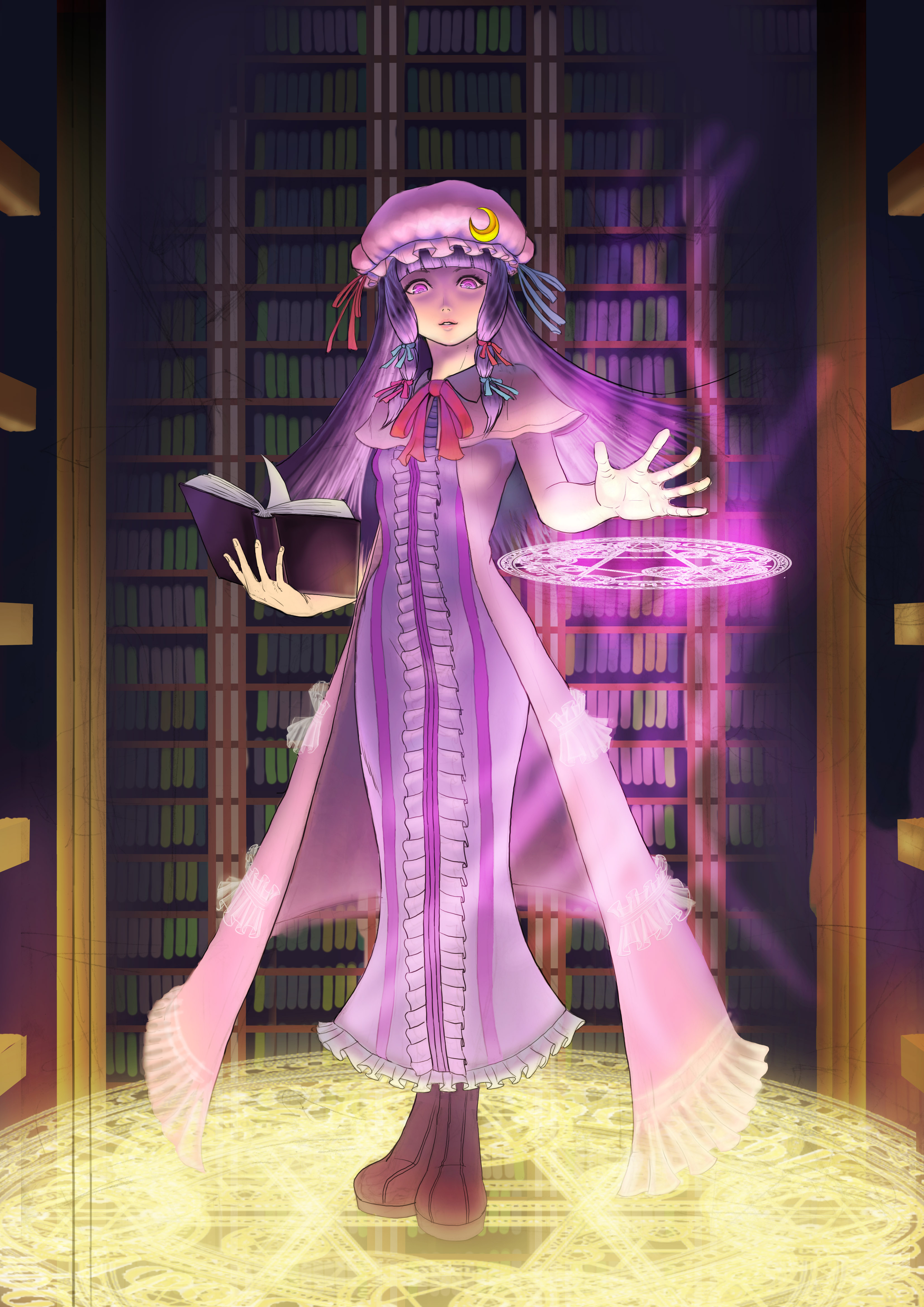 kuro-geru, patchouli knowledge, touhou, absurdres, bad id, bad pixiv id, highres, 1girl, book, boots, brown boots, female focus, hat, indoors, long hair, magic circle, mob cap, pink hat, purple eyes, purple hair, ribbon, shaded face, solo
