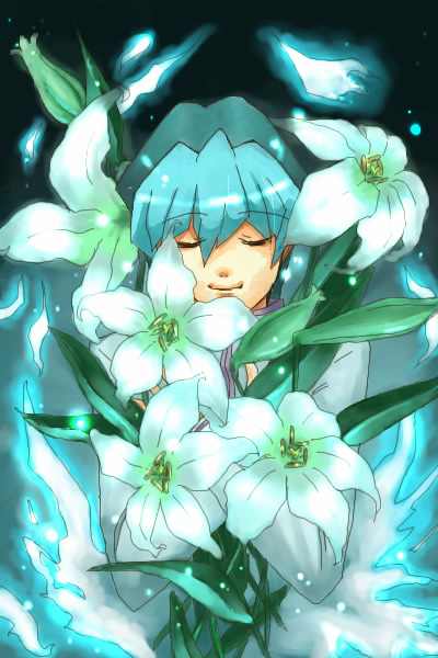nanami fubuka, kaiba noah, yu-gi-oh!, yu-gi-oh! duel monsters, 1boy, aqua hair, closed eyes, flower, lilies, lily (flower), male focus, multicolored hair, short hair, smile, solo