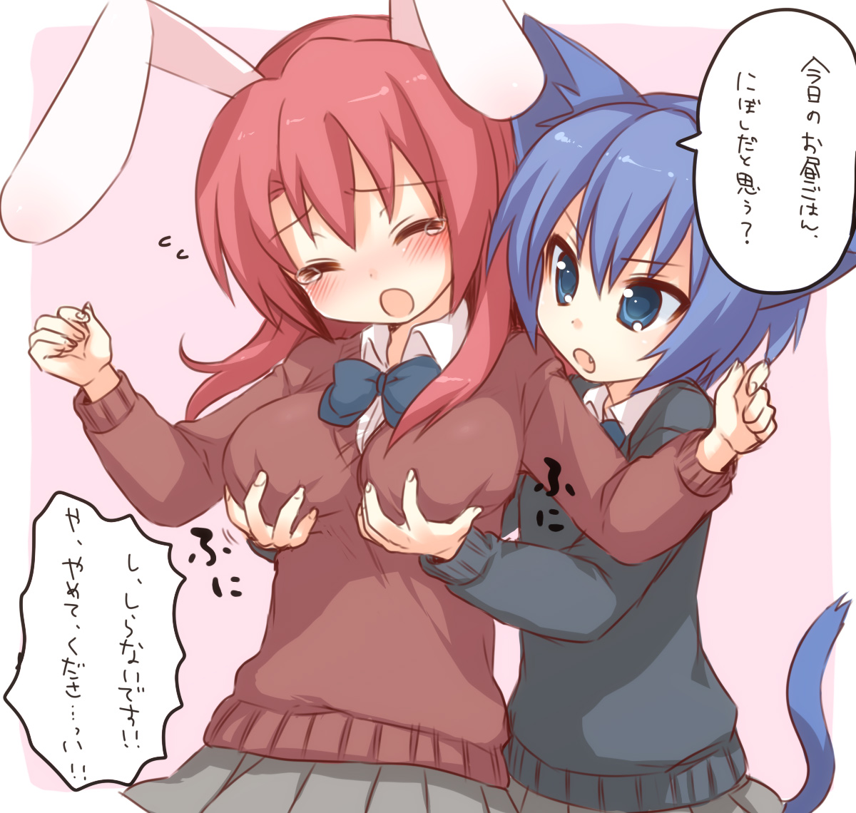 usashiro mani, onka, sakura (mani), original, bad id, bad pixiv id, translation request, 2girls, :o, animal ears, blouse, blue bow, blue bowtie, blue eyes, blue hair, blush, bow, bowtie, breasts, breasts apart, cat ears, cat tail, closed eyes, collared shirt, embarrassed, fang, from behind, grabbing another's breast, groping, hair between eyes, head tilt, medium breasts, multiple girls, open mouth, outside border, pink background, rabbit ears, raised eyebrows, red hair, shirt, simple background, speech bubble, standing, tail, tears, v-shaped eyebrows, white shirt, yuri