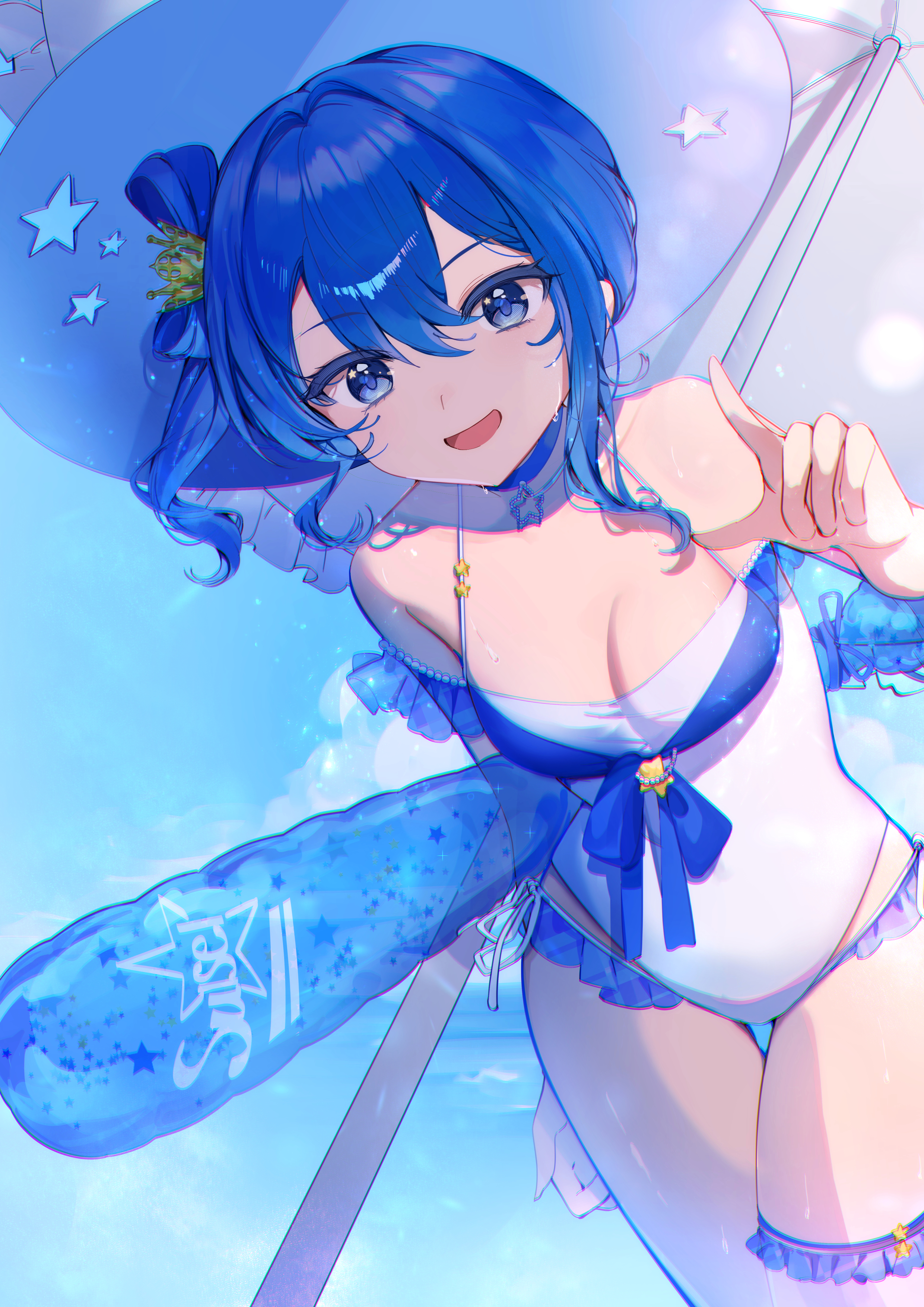 hieno hiro, hoshimachi suisei, hololive, holonatsu paradise, absurdres, commentary, english commentary, highres, 1girl, alternate costume, bare shoulders, beach umbrella, blue choker, blue eyes, blue hair, breasts, choker, cleavage, frilled thigh strap, hat, looking at viewer, medium breasts, one-piece swimsuit, open mouth, smile, solo, star (symbol), star choker, sun hat, swimsuit, thigh strap, umbrella, white one-piece swimsuit