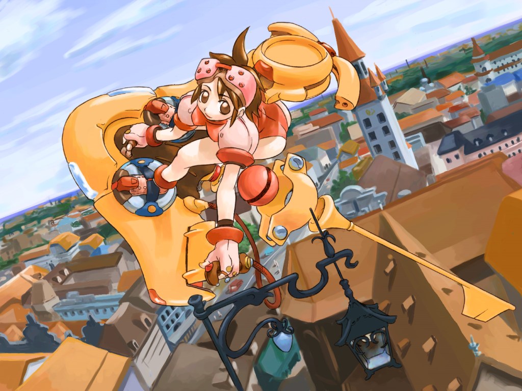 hirai yukio, original, archived source, bad link, 1girl, blue sky, brown eyes, brown hair, building, car, closed mouth, cyber fashion, day, dormer, dutch angle, full body, gable roof, gloves, headpiece, hovercraft, lamppost, leotard, motor vehicle, no pupils, ocean, orange leotard, orange shoes, outdoors, partially fingerless gloves, puffy short sleeves, puffy sleeves, road, rooftop, shoes, short sleeves, sky, smile, solo focus, spire, watercraft, white gloves, white sleeves, window