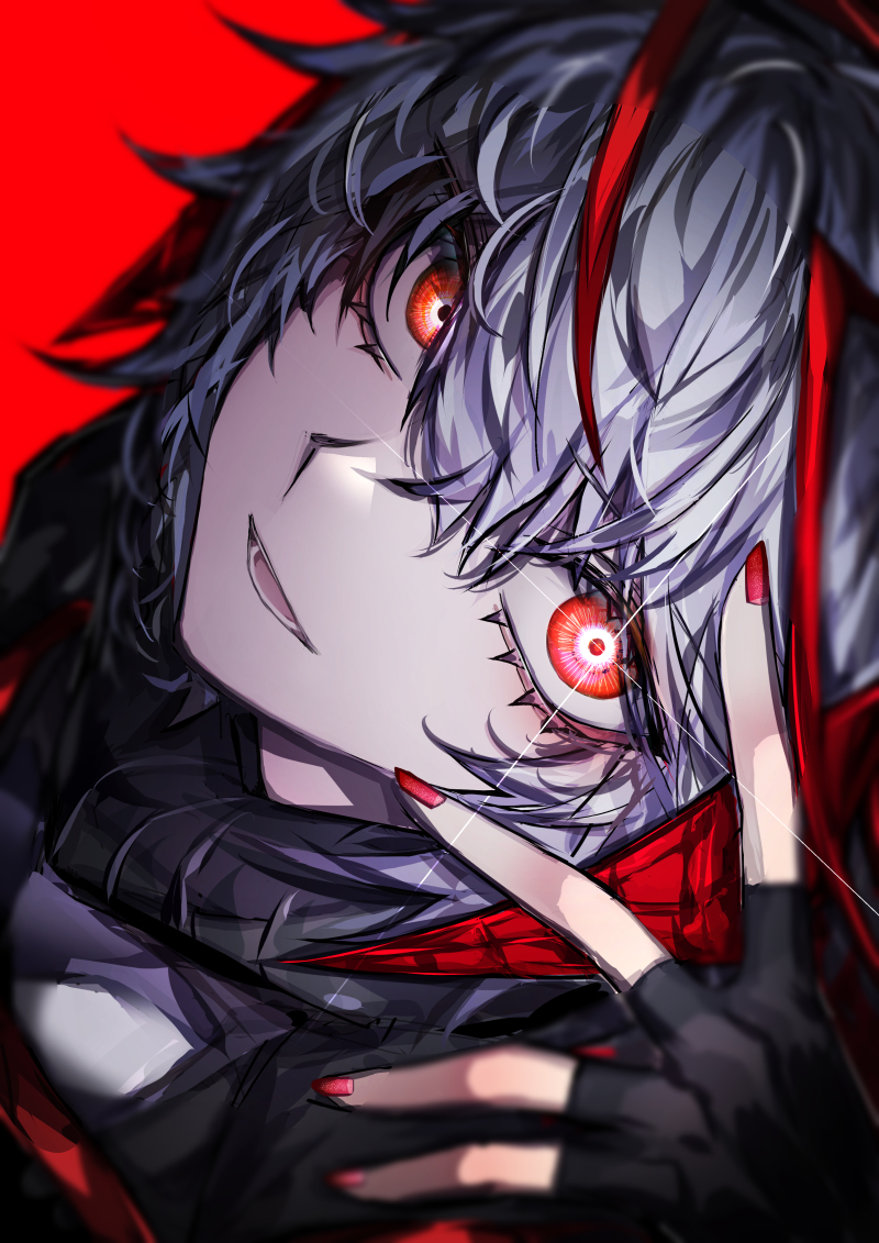 33 gaff, w (arknights), arknights, commentary, english commentary, 1girl, antenna hair, black gloves, demon girl, demon horns, fingerless gloves, gloves, glowing, glowing eyes, grey hair, horns, looking at viewer, nail polish, open mouth, red background, red eyes, red horns, red nails, simple background, solo