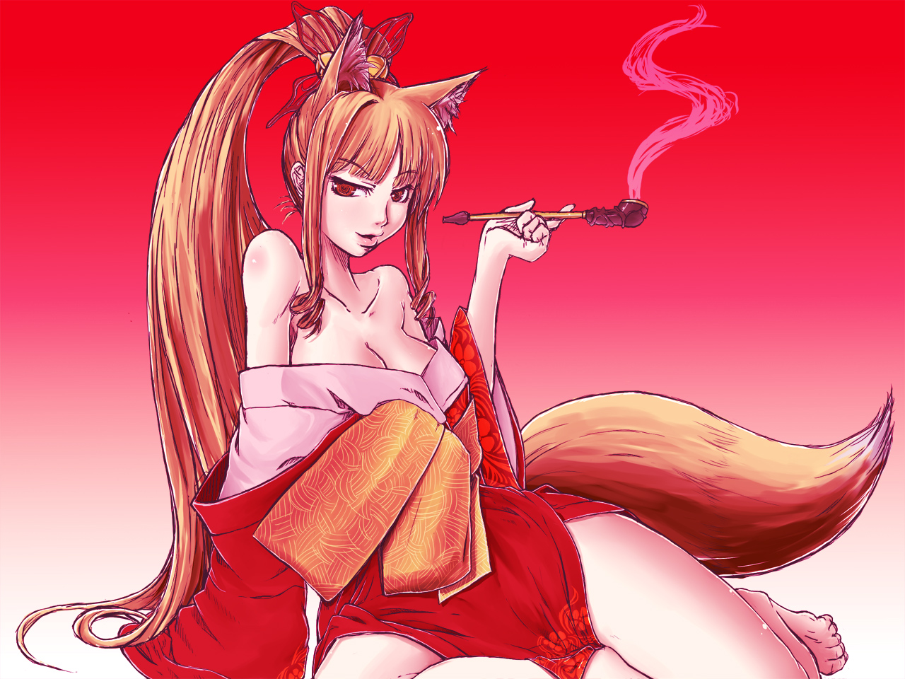 holo, spice and wolf, artist request, source request, 00s, animal ears, japanese clothes, kimono, robe, smoking, smoking pipe