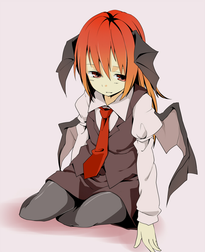 la-do, oguro (moyashi 2-hon), koakuma, embodiment of scarlet devil, touhou, bad id, bad pixiv id, 1girl, female focus, head wings, necktie, pantyhose, red eyes, red hair, red necktie, solo, wings