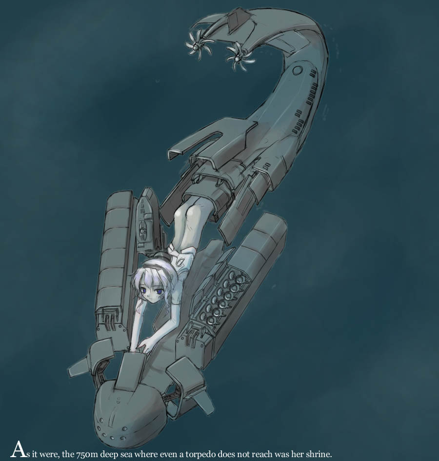 167sq, rirua (kjom802), original, 1girl, bottomless, english text, female focus, mecha musume, military, oscar-class submarine, personification, solo, soviet, submarine, underwater, watercraft