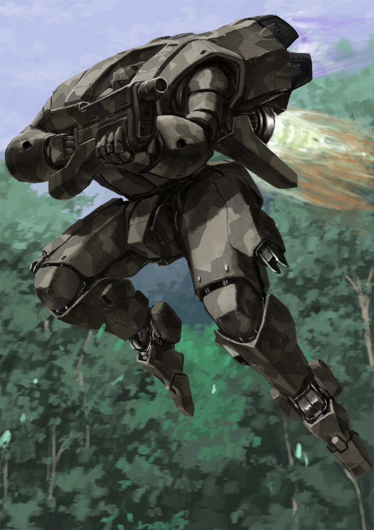 tyokugekidato, original, highres, camouflage, energy gun, flying, forest, gun, holding, holding gun, holding weapon, mecha, nature, no humans, outdoors, plasma rifle, robot, weapon, woodland camouflage
