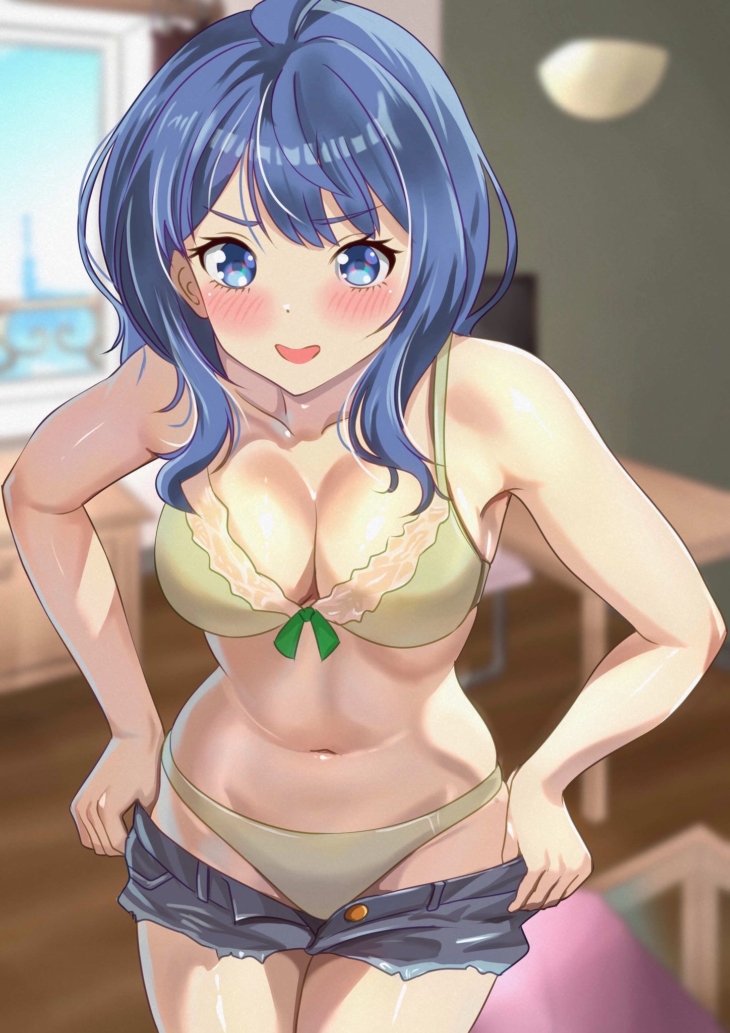kousan, yanami anna, make heroine ga oo sugiru!, commentary request, highres, 1girl, blue eyes, blue hair, blurry, blurry background, blush, bra, breasts, cleavage, clothes pull, cowboy shot, cutoffs, denim, denim shorts, green bra, green panties, indoors, large breasts, leaning forward, looking at viewer, medium hair, navel, no shirt, open mouth, panties, short shorts, shorts, shorts pull, solo, standing, underwear, undressing