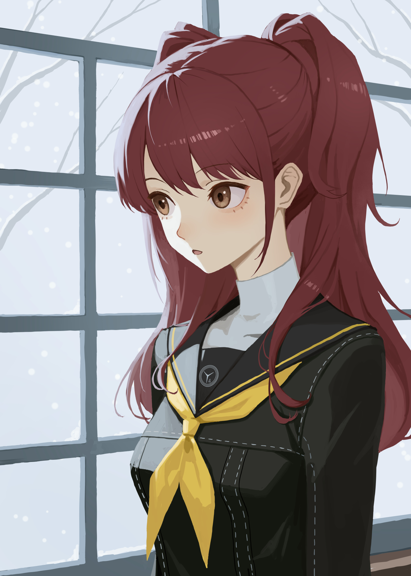 kujikawa rise, persona, persona 4, commentary request, highres, 1girl, :o, black sailor collar, brown eyes, brown hair, indoors, long hair, neckerchief, remo reko23, sailor collar, school uniform, solo, two side up, window, yasogami school uniform, yellow neckerchief