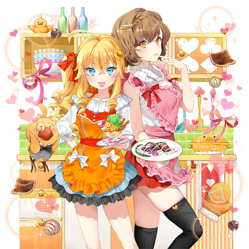 ice (ice aptx), uchi no hime-sama ga ichiban kawaii, 2girls, ahoge, apron, aqua eyes, blonde hair, braid, breasts, brown hair, casino royale (uchihime), crown braid, food, holding, holding food, kitchen, medium breasts, multiple girls, orange apron, pink apron, pinne eclair, piyokichi (uchihime), yellow eyes