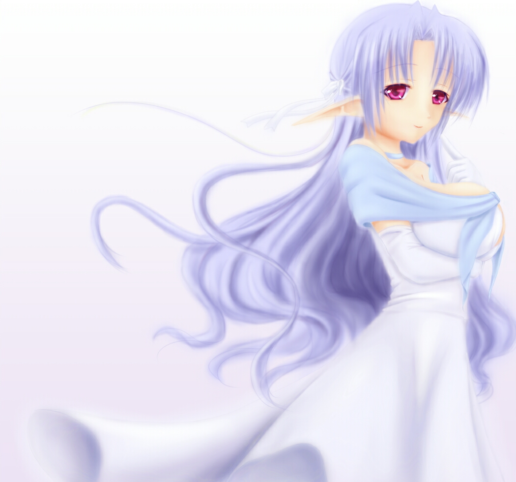 shimoku, ai (tick! tack!), shuffle!, tick! tack!, 00s, 1girl, blue hair, elbow gloves, female focus, gloves, half updo, long hair, pointy ears, purple eyes, solo, white background