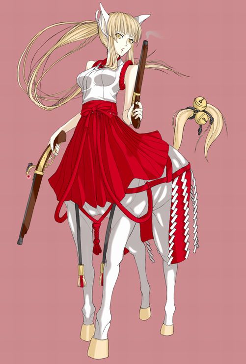 artist request, character request, copyright request, source request, 1girl, animal ears, blonde hair, centaur, gun, japanese clothes, miko, monster girl, ponytail, simple background, taur, weapon, yellow eyes