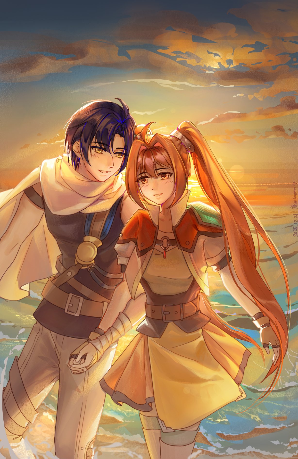 tangmen igo, estelle bright, joshua bright, eiyuu densetsu, sora no kiseki, highres, ahoge, antenna hair, armor, bandaged arm, bandages, black hair, cloud, cropped jacket, fingerless gloves, floating hair, floating scarf, gloves, gradient sky, hair intakes, high collar, long hair, ocean, outdoors, parted lips, pauldrons, red eyes, scarf, short hair, short sleeves, shoulder armor, single pauldron, skirt, sky, smile, sunset, twintails, white scarf, yellow eyes, yellow skirt