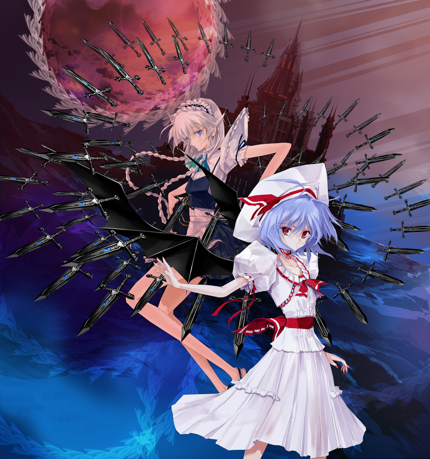 azur neuve, jajanuba, izayoi sakuya, remilia scarlet, touhou, silver hair, highres, 2girls, bad anatomy, bad proportions, bat wings, blue eyes, blue hair, braid, castle, danmaku, dutch angle, female focus, gradient background, hat, knife, maid, multiple girls, outdoors, poorly drawn, red eyes, short hair, sky, sword, throwing knife, twin braids, weapon, wings