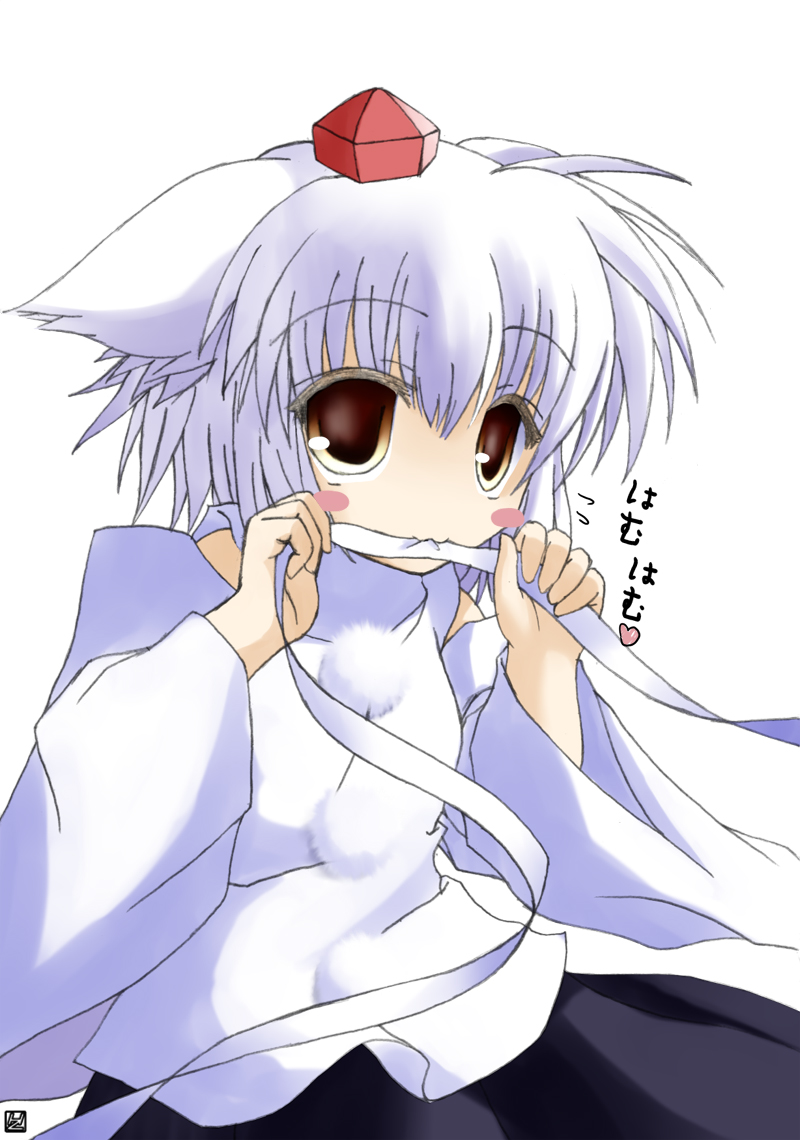 iwaki hazuki, inubashiri momiji, touhou, bad id, bad pixiv id, 1girl, animal ears, blush, blush stickers, female focus, hat, mouth hold, red eyes, short hair, simple background, solo, standing, tokin hat, white background, white hair, wolf ears, yellow eyes