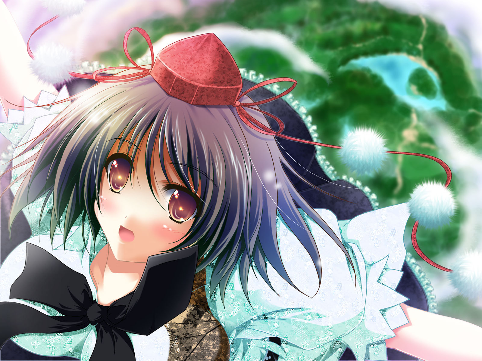 reiha (penetrate), shameimaru aya, touhou, highres, 1girl, blush, brown hair, female focus, hat, looking at viewer, open mouth, red eyes, short hair, solo, tokin hat