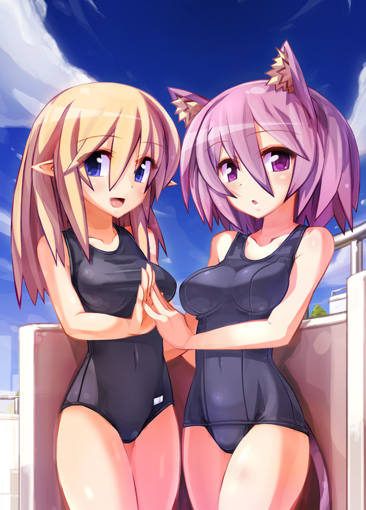 ooyama kina, 2girls, animal ears, black one-piece swimsuit, blonde hair, blue eyes, cat ears, multiple girls, one-piece swimsuit, pointy ears, purple eyes, purple hair, school swimsuit, swimsuit