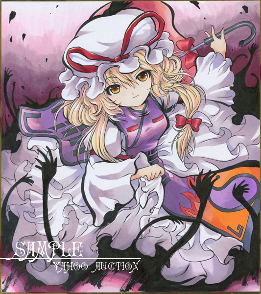 sakurai tamako, tama tamako sakurai, yakumo yukari, touhou, 1girl, blonde hair, bow, female focus, hair bow, hat, long hair, ribbon, sample watermark, shikishi, solo, umbrella, watermark, yellow eyes