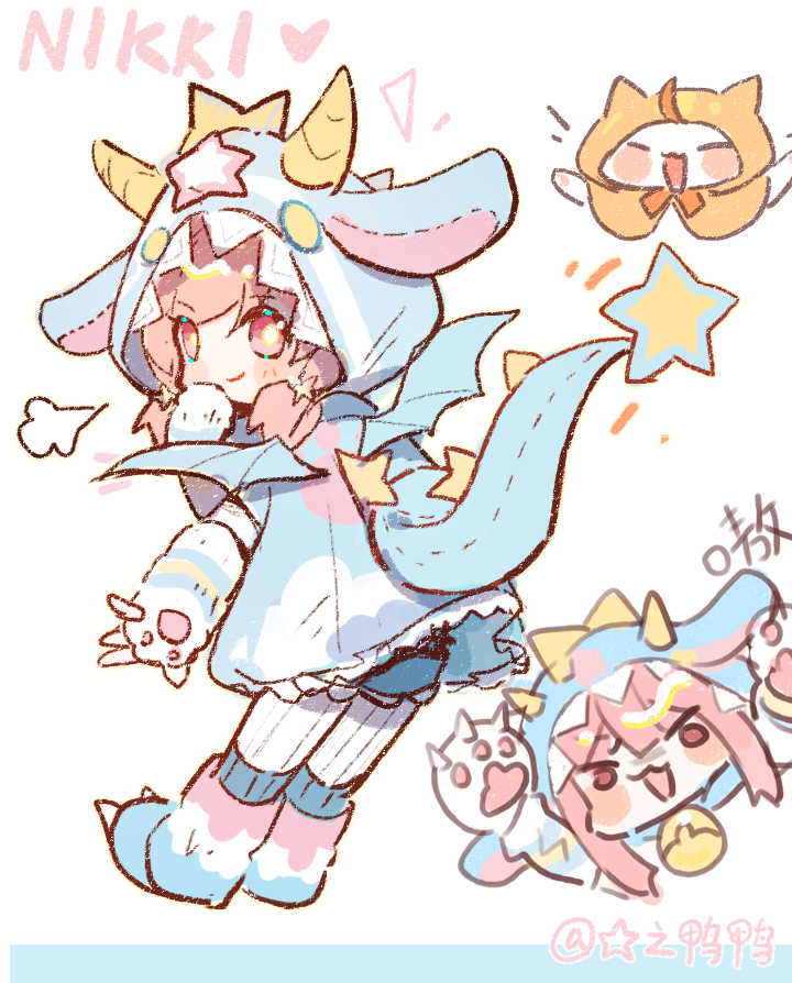 cherilynorz, deepwood dream (infinity nikki), momo (nikki), nikki (nikki), infinity nikki, nikki (series), commentary, hashtag-only commentary, 1girl, = =, animal, animal costume, animal ear hood, animal hands, artist name, bell, blue boots, blue border, blue cloak, blue dress, blue tail, blue wings, blush stickers, boots, border, bow, bowtie, bright pupils, brown eyes, cat, character name, chibi, claw pose, cloak, closed mouth, clothed animal, cloud print, cropped torso, dragon costume, dragon horns, dragon tail, dragon wings, dress, ear covers, elbow gloves, fake animal ears, fake claws, fake horns, fake tail, fake wings, frilled dress, frills, fur boots, fur gloves, gloves, hair ornament, hand on own chin, hood, hood up, hooded cloak, horned headwear, horns, letterboxed, long hair, looking at viewer, low twintails, multicolored boots, multiple views, neck bell, notice lines, open mouth, orange bow, orange bowtie, pantyhose, paw gloves, paw shoes, pink boots, pink hair, print cloak, print hood, short dress, short twintails, simple background, smile, star (symbol), star hair ornament, star print, striped clothes, striped gloves, striped horns, striped pantyhose, tail, tareme, twintails, vertical-striped clothes, vertical-striped pantyhose, white background, white boots, white cat, white gloves, white pantyhose, white pupils, wings, yellow cloak, yellow horns