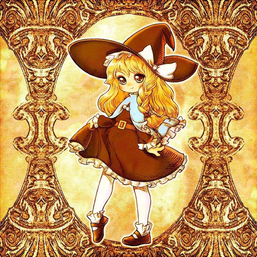 souri, kirisame marisa, touhou, bad id, bad pixiv id, 1girl, blonde hair, braid, female focus, hat, long hair, mary janes, pantyhose, shoes, solo, witch, witch hat, yellow eyes