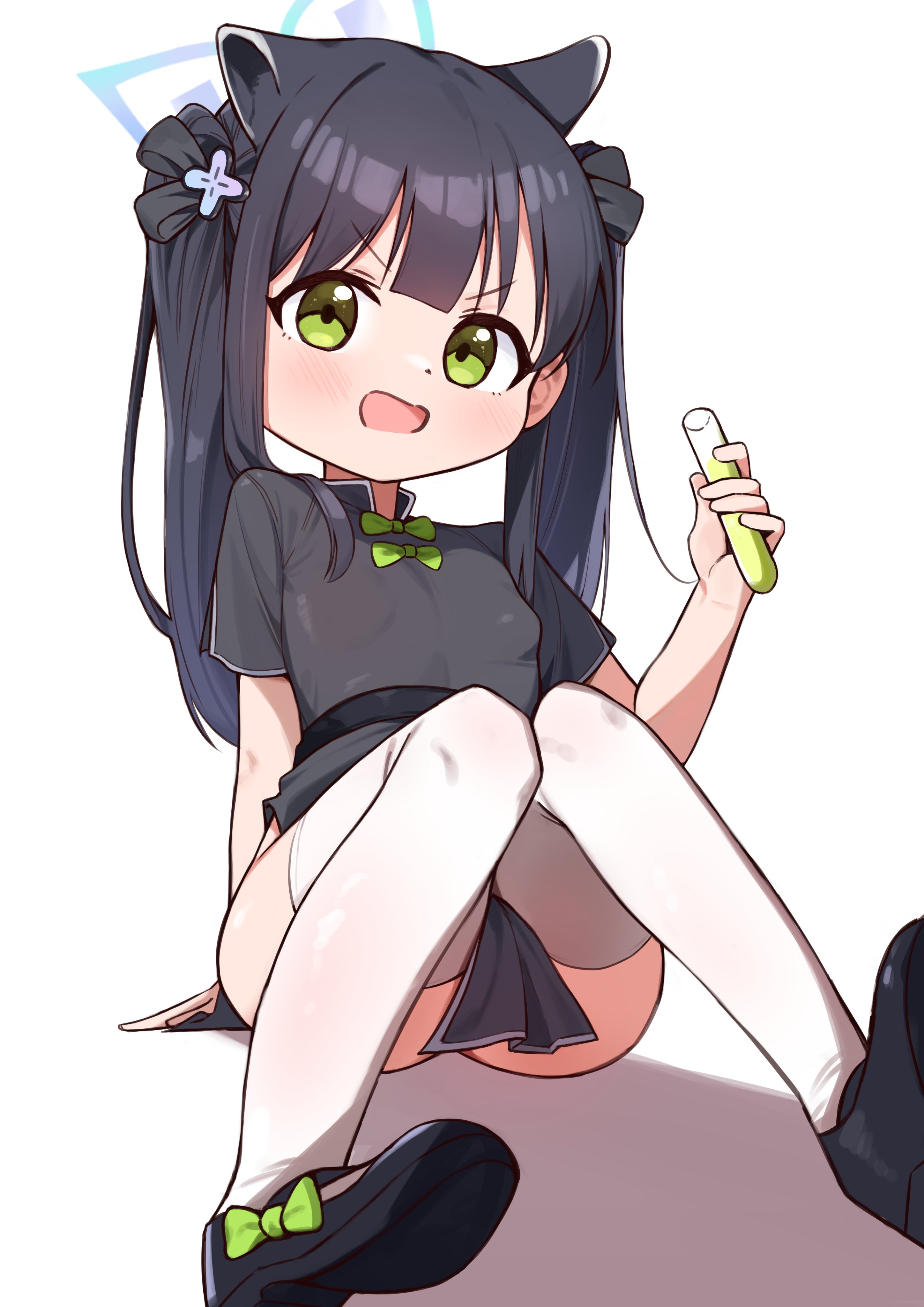 led winter, shun (blue archive), shun (small) (blue archive), blue archive, highres, 1girl, animal ears, beaker, black dress, black hair, blue halo, bow, bow shoes, bowtie, breasts, dress, green bow, green bowtie, green eyes, green liquid, halo, liquid, open mouth, shadow, shoes, small breasts, solo, thighhighs, white background, white thighhighs