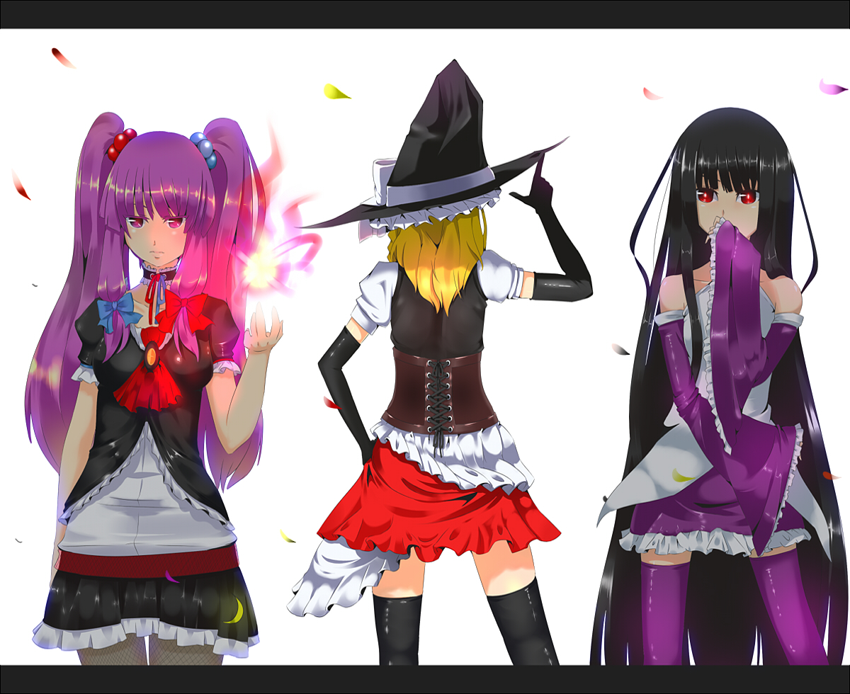 alice-san, houraisan kaguya, kirisame marisa, patchouli knowledge, touhou, 3girls, alternate costume, back, blonde hair, contemporary, detached sleeves, elbow gloves, female focus, gloves, hat, letterboxed, long hair, multiple girls, odd one out, purple eyes, purple hair, thighhighs, twintails, very long hair, witch, witch hat