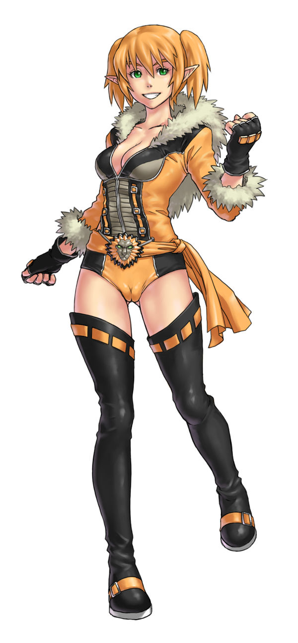 draxoh, golden girl, 1girl, belt, blonde hair, boots, breasts, cameltoe, fingerless gloves, full body, gloves, green eyes, jacket, medium breasts, pointy ears, smile, teeth, white background