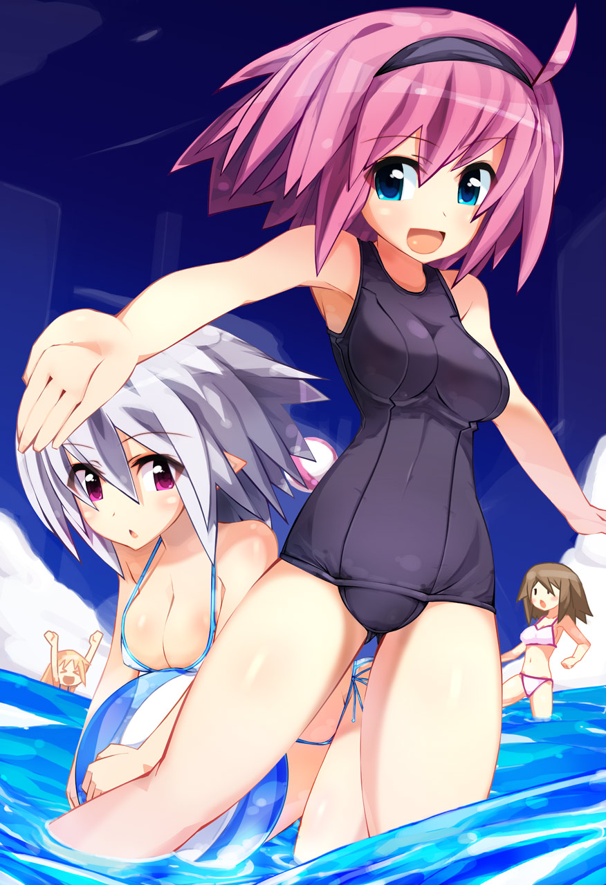 ooyama kina, original, highres, 4girls, ball, beachball, bikini, blue eyes, blue hair, breasts, cleavage, medium breasts, multiple girls, pointy ears, purple eyes, purple hair, school uniform, side-tie bikini bottom, swimsuit
