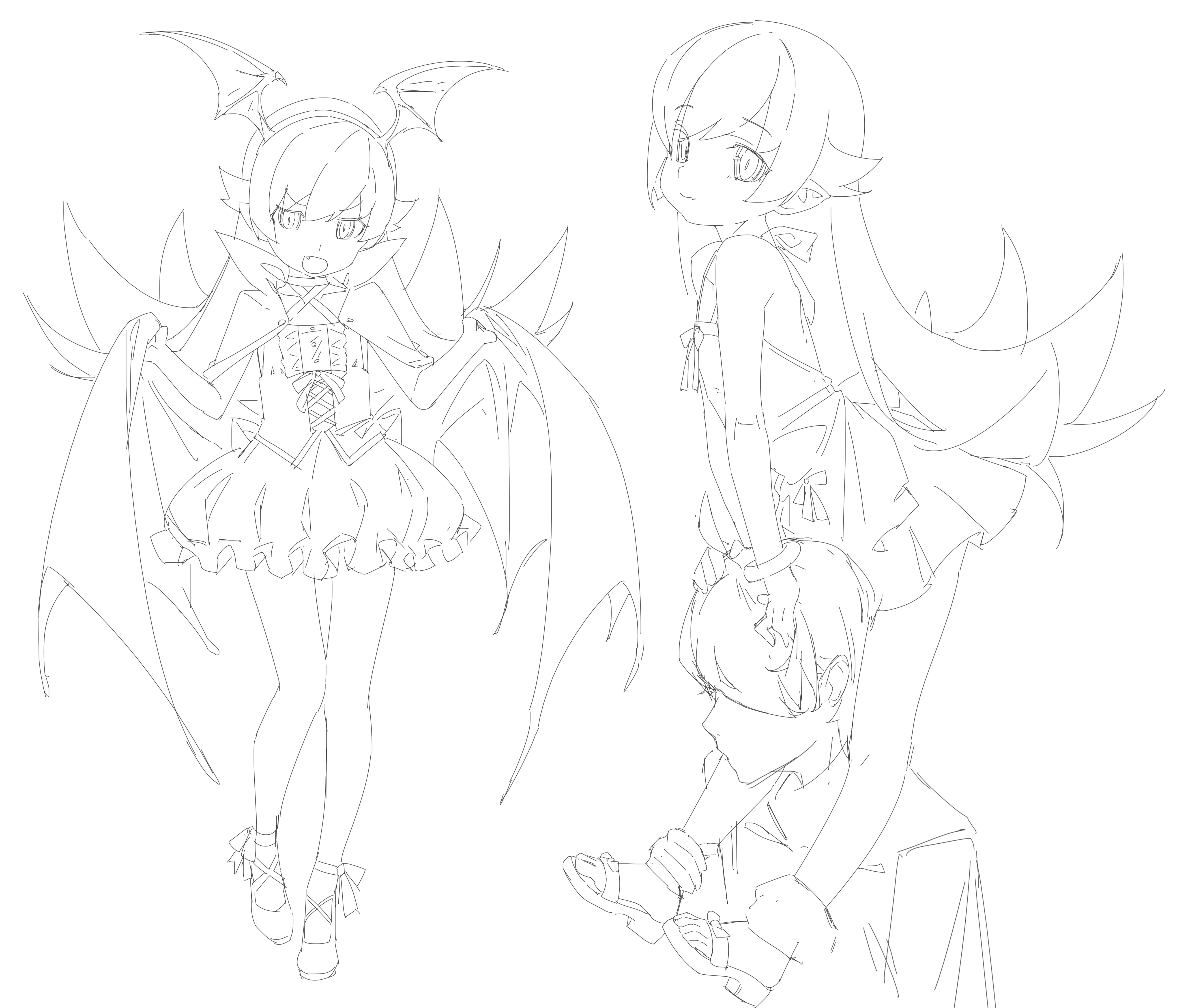 shishirui san, araragi koyomi, oshino shinobu, monogatari (series), absurdres, highres, 1boy, 1girl, ahoge, ankle lace-up, apron, back bow, bare arms, bare legs, bow, bow apron, bracelet, bubble skirt, carrying, center cross lace, center frills, cloak, cloak lift, closed mouth, criss-cross halter, fang, flipped hair, footwear bow, frills, full body, hair between eyes, hair flaps, hair over one eye, hairband, halterneck, hands on another's head, hands up, holding another's ankle, jacket, jewelry, lineart, long hair, looking at viewer, looking to the side, mary janes, multiple views, narrowed eyes, open cloak, open clothes, open mouth, outstretched legs, pleated skirt, pointy ears, popped collar, profile, ringed eyes, sandals, shirt, shoes, shoulder carry, simple background, skirt, strapless, strapless shirt, upper body, very long hair, waist bow, white background, winged hairband