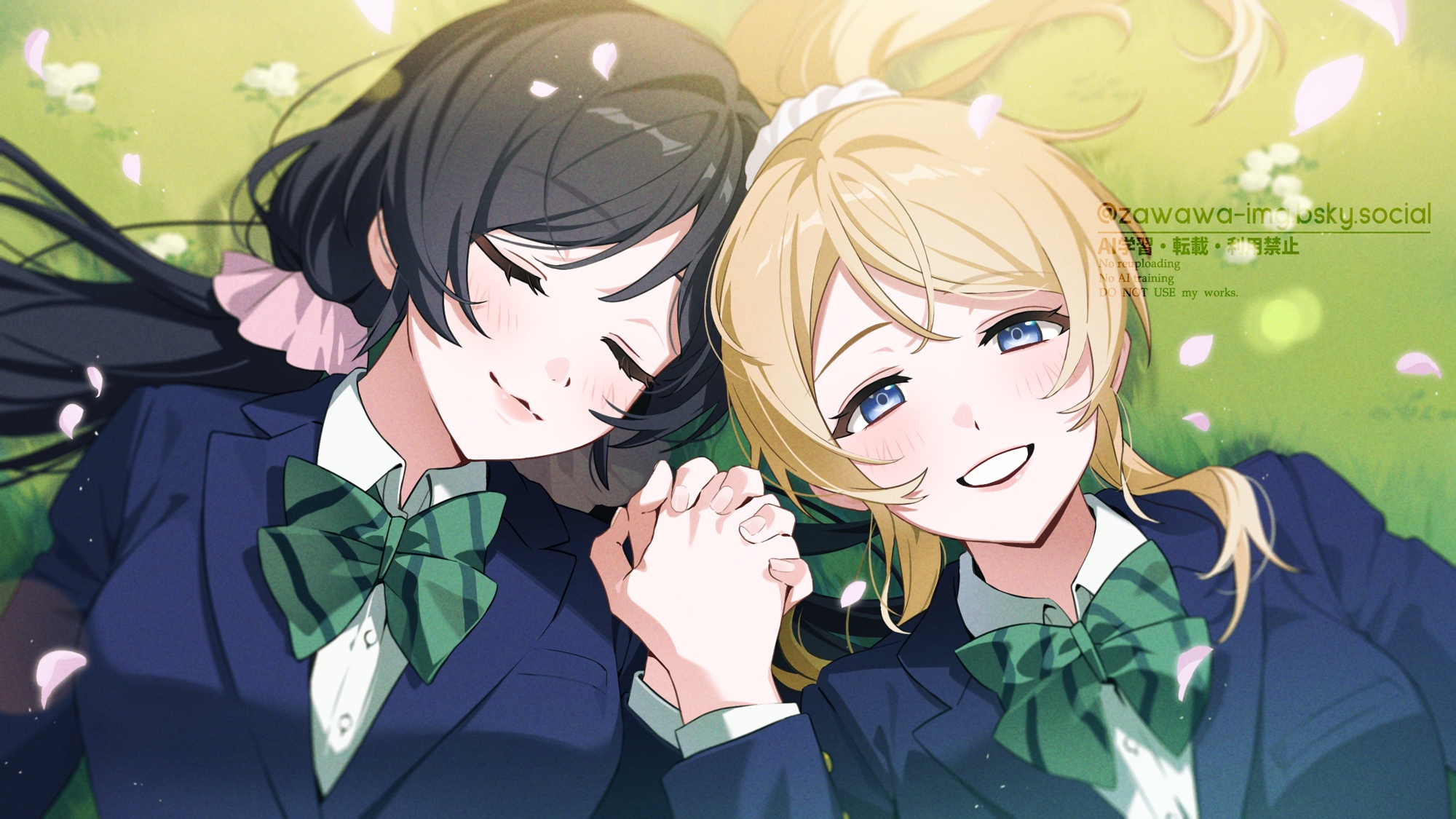 zawawa (satoukibi1108), ayase eli, tojo nozomi, love live!, love live! school idol festival, love live! school idol project, highres, 2girls, blonde hair, blue eyes, bow, bowtie, closed eyes, green bow, green bowtie, hair ornament, hair scrunchie, holding hands, lying, multiple girls, otonokizaka school uniform, pink scrunchie, ponytail, purple hair, school uniform, scrunchie, smile, striped bow, striped bowtie, striped clothes, watermark, white scrunchie, yuri