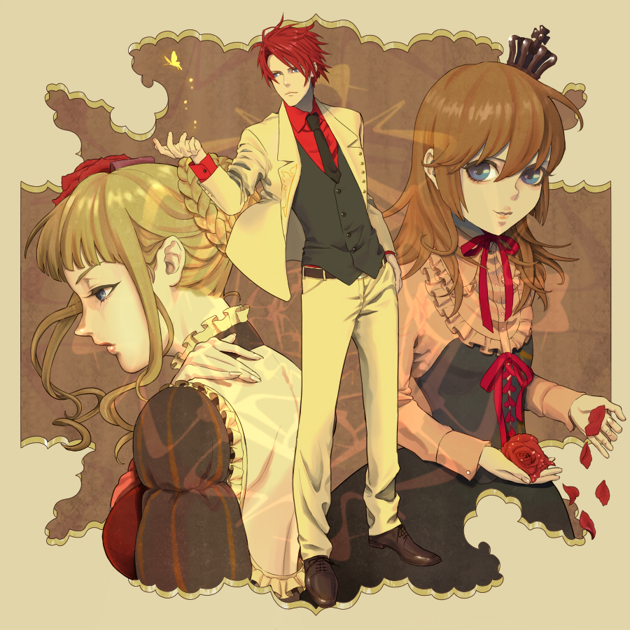 arino, beatrice (umineko), ushiromiya battler, ushiromiya maria, umineko no naku koro ni, 00s, 1boy, 2girls, blonde hair, blue eyes, brown hair, bug, butterfly, choker, crown, dress, flower, insect, multiple girls