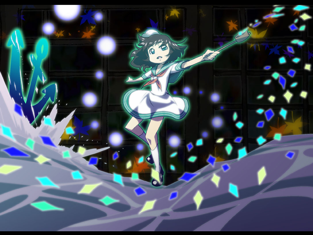 shokkin, murasa minamitsu, touhou, 1girl, anchor, brown hair, danmaku, female focus, green eyes, hat, hishaku, ladle, outstretched arms, sailor, solo, spread arms