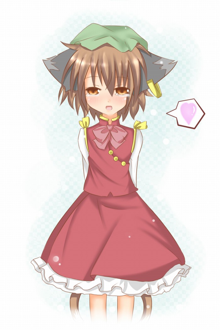 subaru (syaku), chen, touhou, 1girl, animal ears, blush, brown eyes, brown hair, cat ears, cat girl, cat tail, earrings, female focus, gradient background, hat, jewelry, multiple tails, ribbon, short hair, skirt, smile, solo, tail, tears, white background